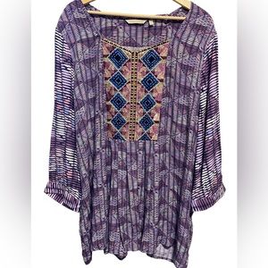 Soft Surroundings Bohemian Blouse Women’s Plus Size 1X Embroidered 3/4 Sleeve